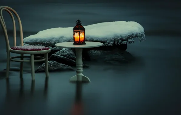Картинка снег, ночь, река, стул, фонарь