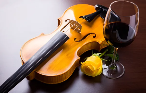 Картинка цветок, вино, скрипка, бокал, роза, желтая