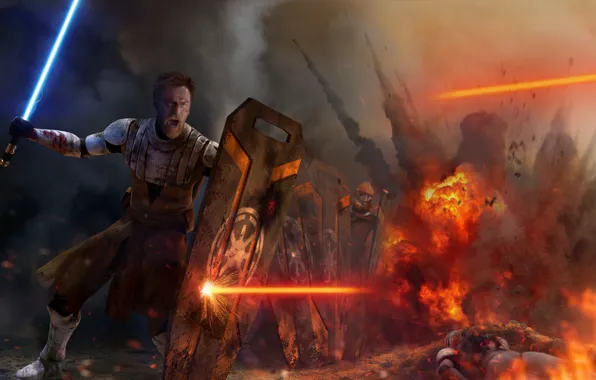 Картинка Star Wars, Obi Wan Kenobi, war, fight, jedi, shield, light saber, Peacekeeper