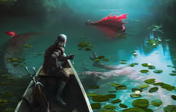 Картинка lake, witcher, boat, swords, Geralt, Witcher 3 Wild Hunt