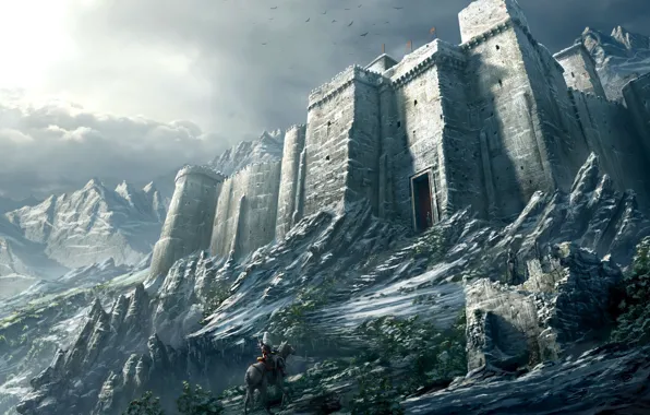 Картинка снег, горы, Замок, воин