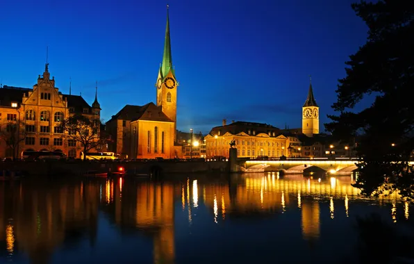 Ночь, река, дома, Швейцария, башни, архитектура, Switzerland, Night
