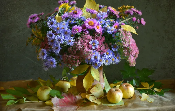 Картинка осень, цветы, яблоки, букет, астры