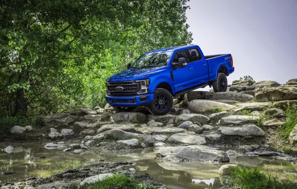 Синий, Ford, пикап, Super Duty, F-250, Tremor, у воды, 2020