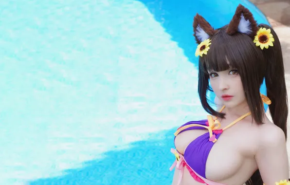 Girl, sexy, pool, cleavage, long hair, boobs, animal ears, beautiful