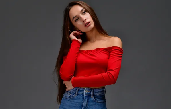 Red, cleavage, shorts, brown, model, jeans, look, pose