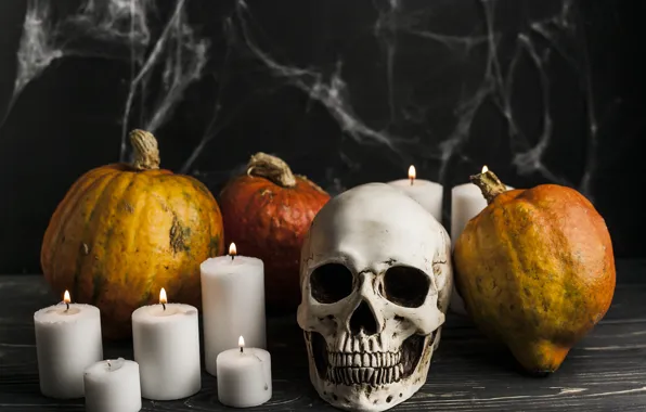 Картинка череп, паутина, свечи, тыквы, Halloween, Хэллоуин, овощи, October
