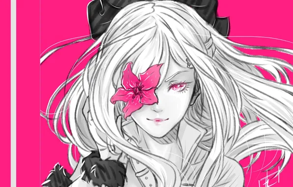 Картинка цветок, рисунок, розовый фон, длинные белые волосы, лицо девушки