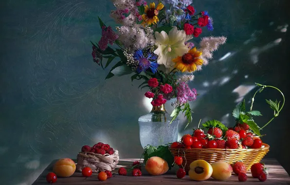 Картинка цветы, вишня, ягоды, малина, фон, букет, клубника, натюрморт