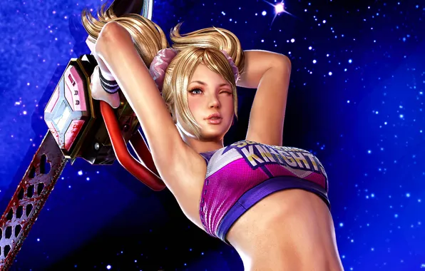 Картинка boobs, blonde, artwork, belly, Lollipop Chainsaw, arms up, video game girls, big boobs