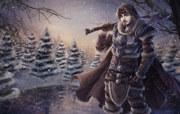 Картинка снег, деревья, воин, арт, броня, парень, топор, плащ