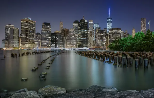 Картинка ночь, город, здания, дома, Нью-Йорк, небоскребы, США, Нижний Манхэттен