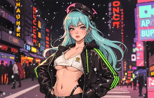 Cleavage, long hair, city lights, street, digital art, big boobs, artwork, underboob