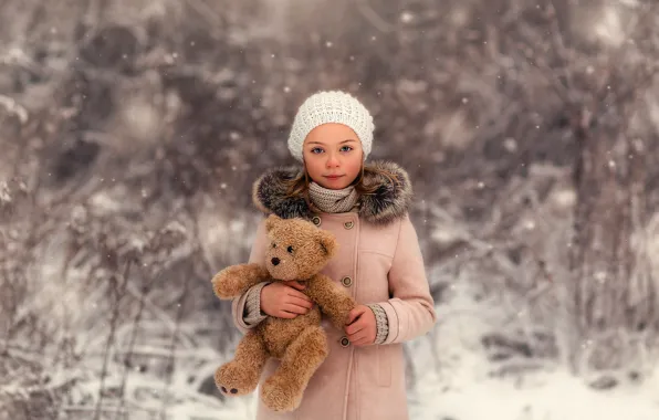 Картинка снег, мишка, девочка, прелесть, Lorna Oxenham, Winter Beauty