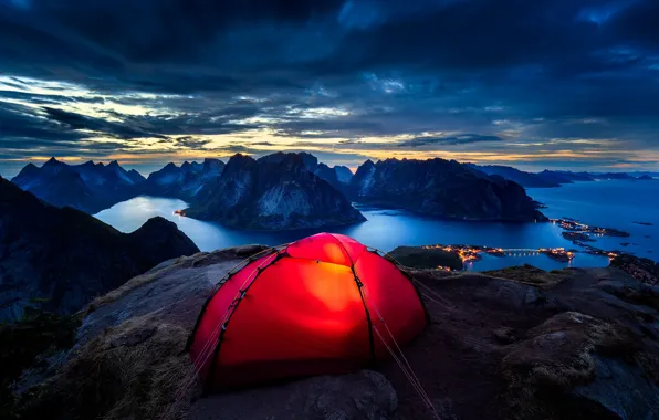 Облака, вечер, Норвегия, палатка, Lofoten