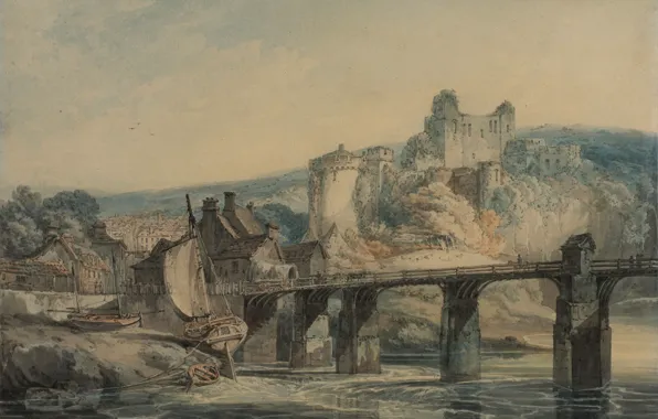 Картинка пейзаж, мост, река, лодка, картина, акварель, парус, Уильям Тёрнер
