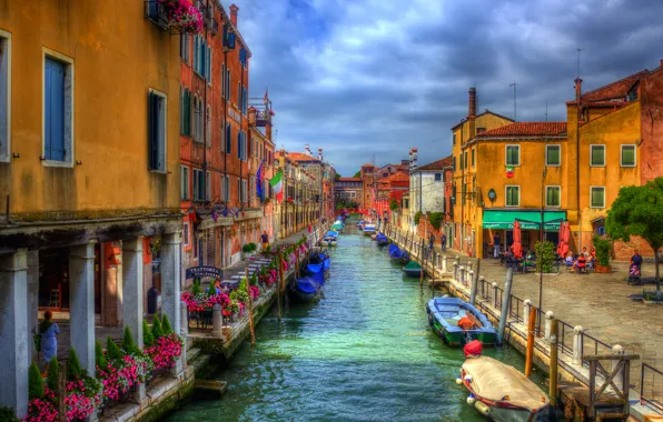 Картинка небо, облака, лодка, дома, hdr, Италия, Венеция, канал
