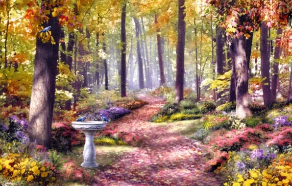 Осень, лес, деревья, цветы, птицы, природа, парк, рисунок