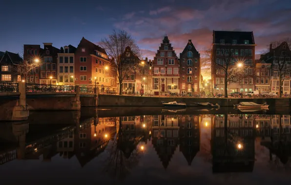 Город, дома, Амстердам, канал, Нидерланды, сввет