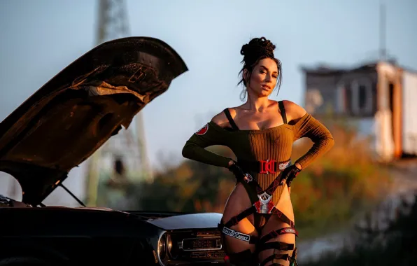 Dodge challenger, bodysuit, sky, clouds, jeans, gloves, Cyberpunk 2077, video games