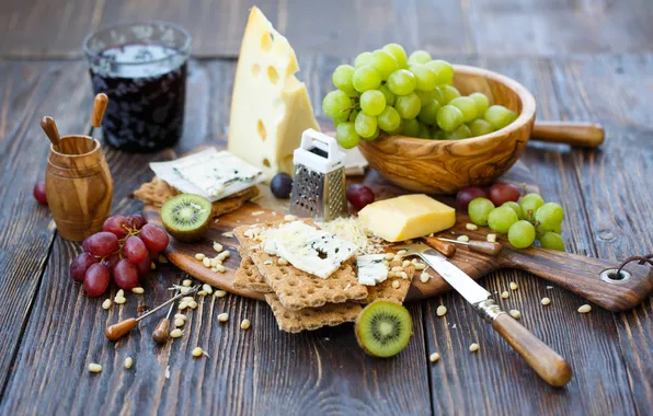 Сыр, киви, печенье, виноград, доска, крекеры, Julia Khusainova
