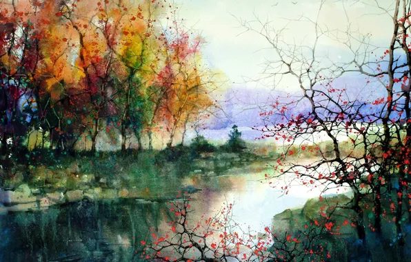 Деревья, пейзаж, река, картина, ZL Feng