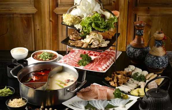 Суп, мясо, десерт, морепродукты, блюда, ассорти