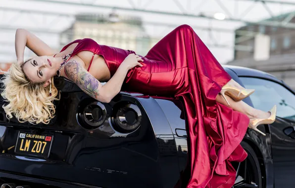 Картинка Corvette, Chevrolet, Girl, Red, Dress