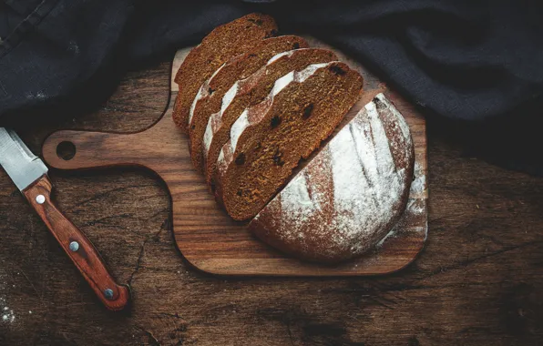 Доски, хлеб, нож, ткань, нарезка, с изюмом, ржаной, разделочная доска