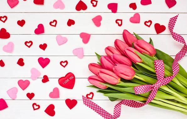 Любовь, цветы, букет, сердечки, тюльпаны, love, розовые, wood