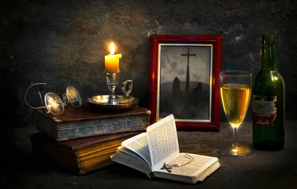Фото, книги, свеча, крестик, The pastor's abode