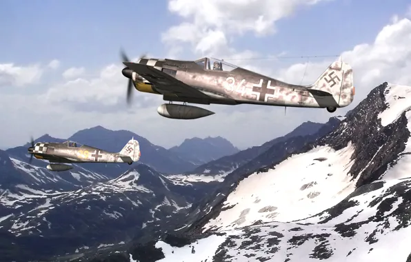 Картинка небо, снег, горы, рисунок, вершины, арт, истребители-бомбардировщики, Focke Wulf
