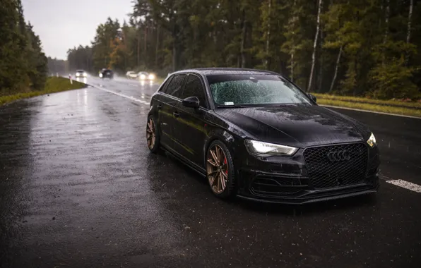 Audi, Black, Rain, Road, RS3, Audi RS3