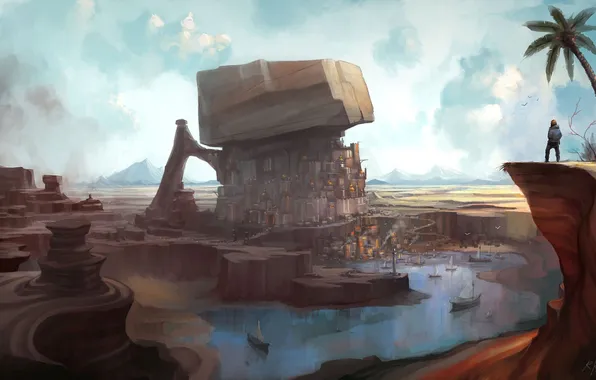 Картинка город, озеро, будущее, фантастика, скалы, человек, арт, by roboto ku