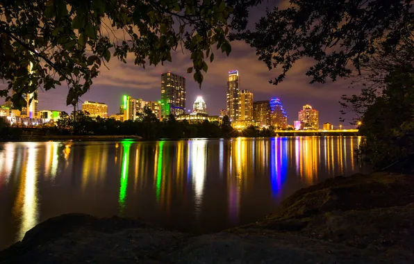 Ночь, город, река, фото, небоскребы, США, Austin, Техас