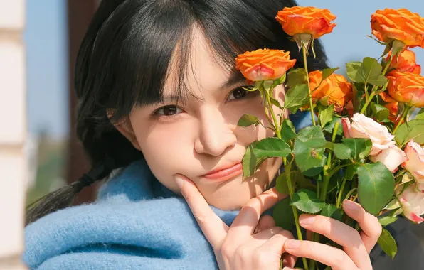Beautiful, Asian, Model, Flowers, Roses, Woman, Bouquet, Cute
