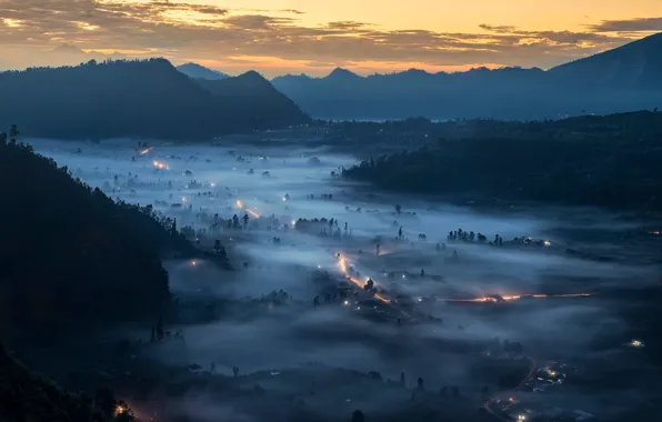 Картинка горы, огни, туман, долина, Бали, Индонезия
