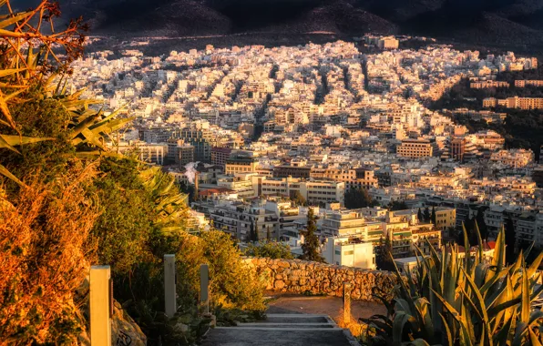 Картинка осень, солнце, дома, Греция, панорама, вид сверху, Athens
