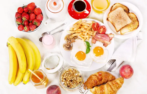 Кофе, завтрак, клубника, сок, бананы, juice, honey, яичница