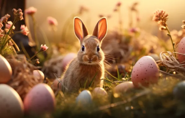 Взгляд, свет, цветы, природа, праздник, поляна, заяц, яйца