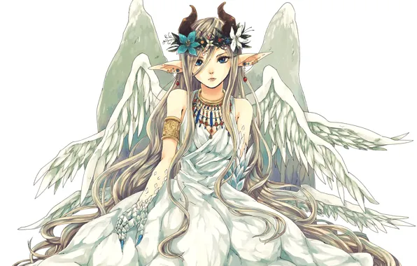 Картинка girl, fantasy, horns, dress, anime, wings, blue eyes, Angel