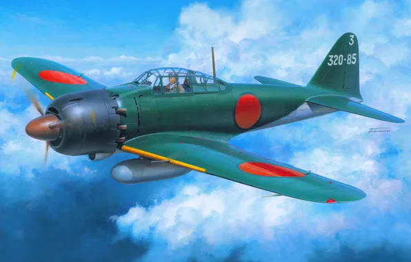 Картинка небо, война, истребитель, арт, Mitsubishi, японский, палубный, WW2