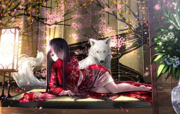 Картинка девушка, цветы, животное, волк, аниме, арт, кимоно, touhou