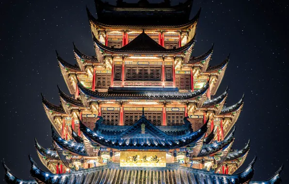 China, подсветка, пагода, ночное небо, китайская архитектура, Chuncin