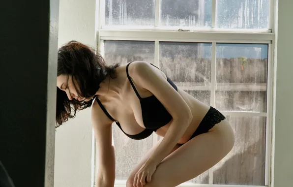 Lingerie, bra, panties, legs, short hair, model, window, brunette