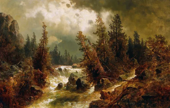 Картинка Поток, Деревья, Река, Тучи, Картина, Австрийский художник, Josef Thoma, Стремительный Горный поток в Штормовую погоду
