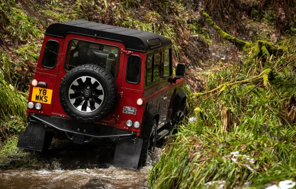 Красный, ручей, растительность, внедорожник, сзади, Land Rover, 2018, Defender