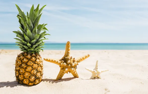 Картинка песок, море, пляж, лето, отдых, звезда, summer, ананас