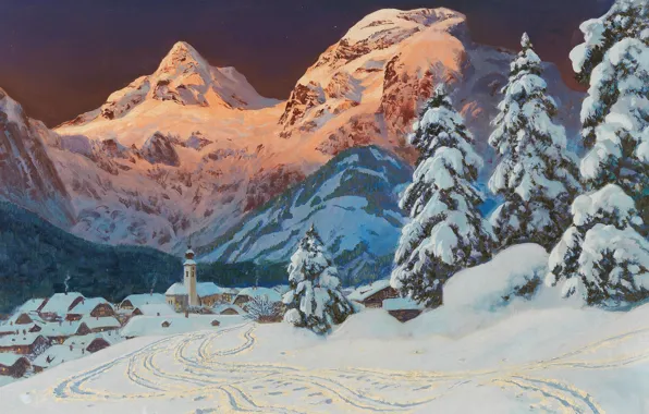 Alois Arnegger, австрийский живописец, Austrian landscape painter, oil on canvas, Алоис Арнеггер, Зима на Лофере, …