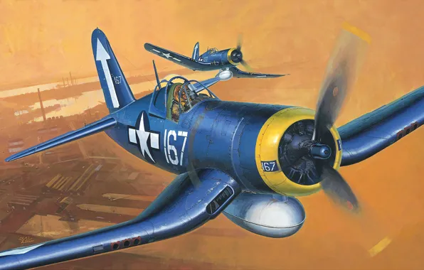 Картинка самолет, истребитель, арт, США, ВВС, палубный, WW2., амерканский